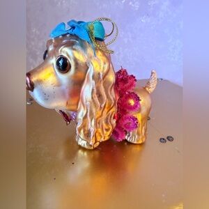 Hand Blown Golden Cocker Spaniel with Pink Tutu & Blue Bow Holiday Ornament